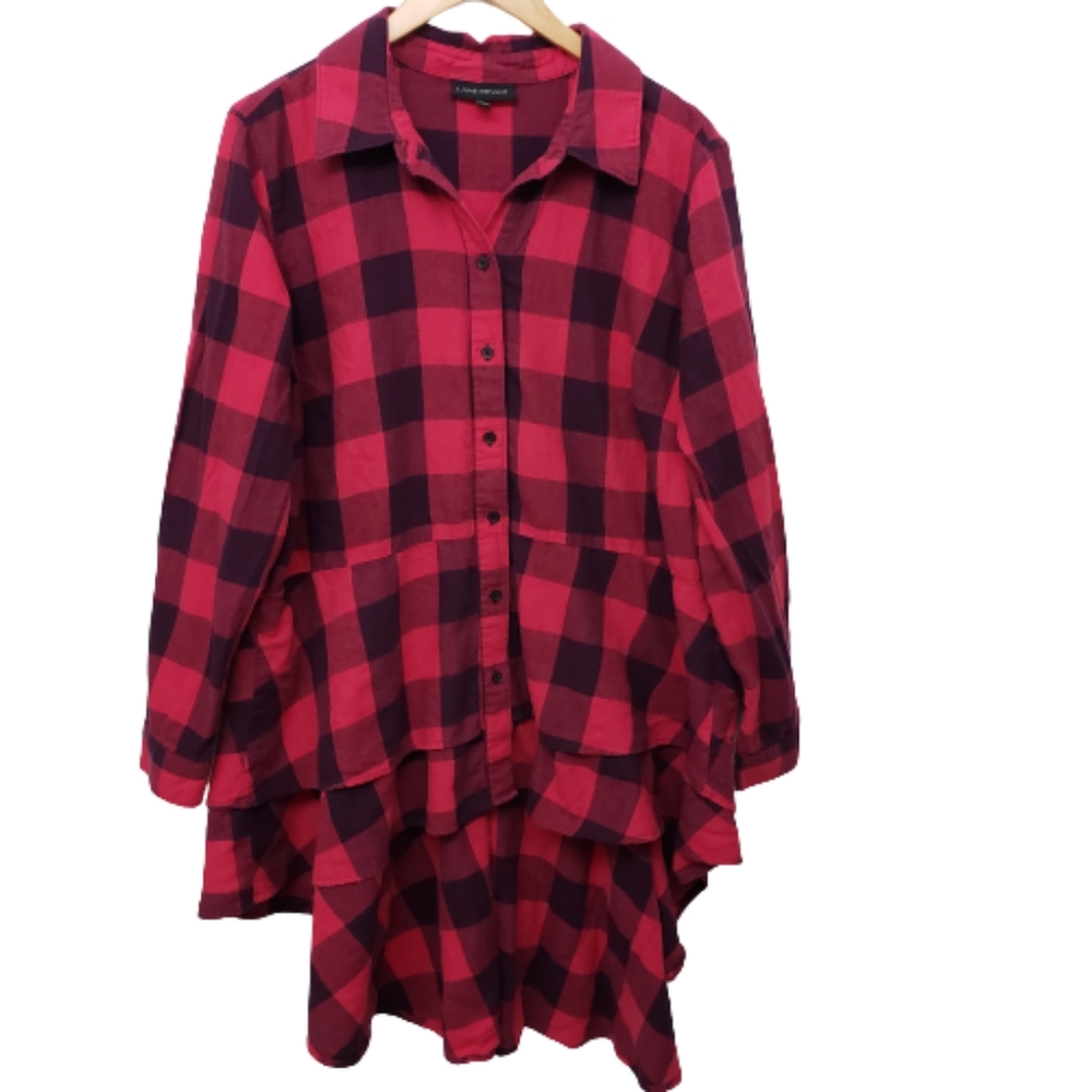 Layered Red Plaid Button-Up Tunic Top - Women